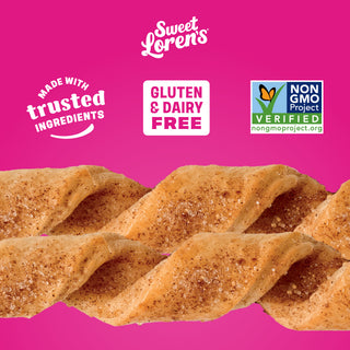 Sweet Loren's Cinnamon Sugar Sticks with callouts highlighting key product benefits