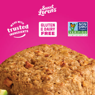 Sweet Loren's Apple Cinnamon Oatmeal Bars with callouts highlighting key product benefits