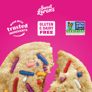 Sweet Loren's Birthday Cake Cookie Dough with callouts highlighting key product benefits