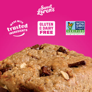 Sweet Loren's Chocolate Chunk Oatmeal Bars with callouts highlighting key product benefits