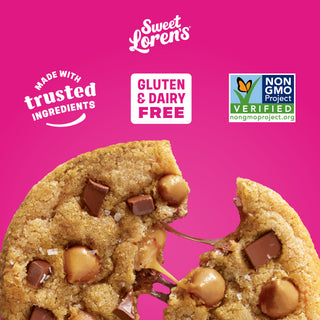 Sweet Loren's Salted Caramel Chocolate Cookie Dough with callouts highlighting key product benefits