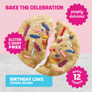 Sweet Loren's Birthday Cake Cookie Dough with callouts highlighting more product benefits