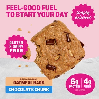Sweet Loren's Chocolate Chunk Oatmeal Bars with callouts highlighting more product benefits