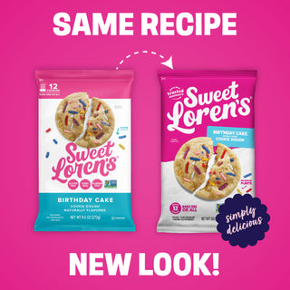 Old and new Sweet Loren's Birthday Cake Cookie Dough packaging side by side: same recipe, new look