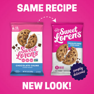 Old and new Sweet Loren's Chocolate Chunk Cookie Dough packaging side by side: same recipe, new look