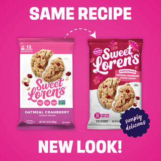 Old and new Sweet Loren's Oatmeal Cranberry Cookie Dough packaging side by side: same recipe, new look
