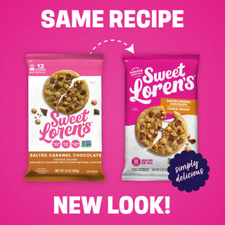 Old and new Sweet Loren's Salted Caramel Chocolate Cookie Dough packaging side by side: same recipe, new look